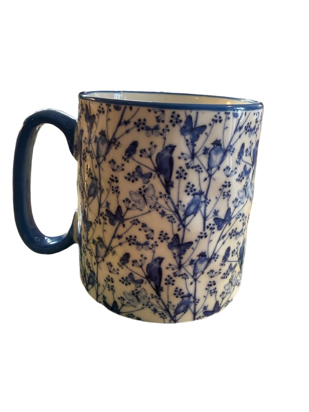 10 Strawberry Street Blue Bird Pattern Ceramic large Mug - White and Blue